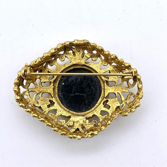 Vintage Ornate Gold-Tone Filigree Brooch Pin Black Starburst Florenza-Style - Picture 4 of 10